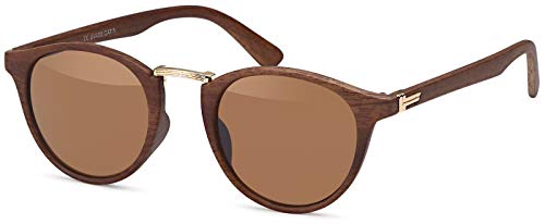 styleBREAKER Sonnenbrille in Holz Optik und runden Gläsern, Kunststoff-Metall-Gestell, Unisex 09020083, Farbe:Gestell Braun-Gold/Glas Braun getönt