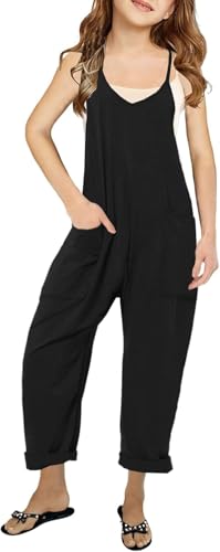 Haloumoning Mädchen Ärmellose Jumpsuits Spaghetti Strap Freizeit Baumwolle Overalls Kinder Sommer Lose Romper Hosen mit Taschen, Schwarz, 11-12 Jahre
