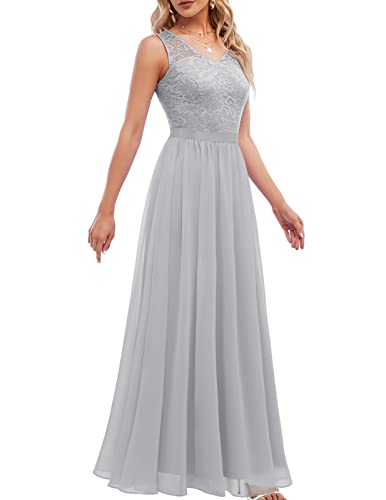 DRESSTELLS Damen Ärmellos Abendkleider Maxi Lang Ballkleid Chiffon Spitzen Brautjungfernkleider Hochzeitskleider für gäste Bodenlang Brautkleid Grey M