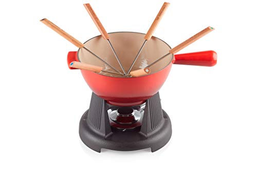 Le Creuset Gusseisen Fondue-Set, Inkl. 2 Griffen, Spritzschutz, Rechaud und 6 Fonduegabeln, 2,0 L Volumen, Kirschrot