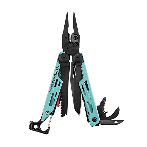 LEATHERMAN - Signal, Multi-Tool für den Outdoor-Einsatz, mit Feuerstein, Klingenschärfer und Signalpfeife, Aqua mit Nylon Holster