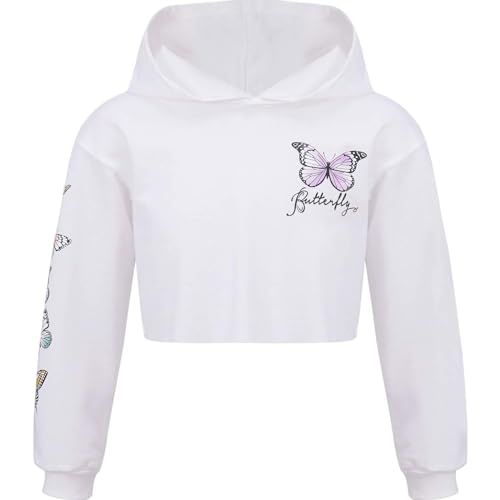 Alvivi Mädchen Sweatshirt Schmetterling Langarmshirt Crop Tops Bauchfrei Oberteile Kinder Hoodie Pullover Pulli Streetwear Gr.98-176 Weiß 146-152