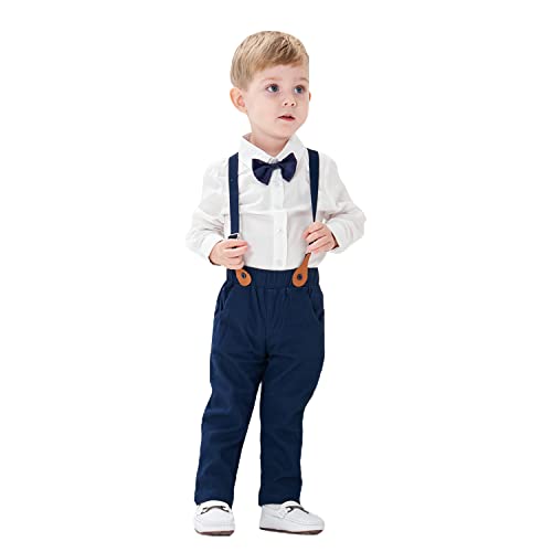 Volunboy Baby Jungen Anzug Set Bekleidung Hemd mit Fliege + Hosenträger Hosen Strampler Anzug(Beige,3-4 Jahre,Größe 110)
