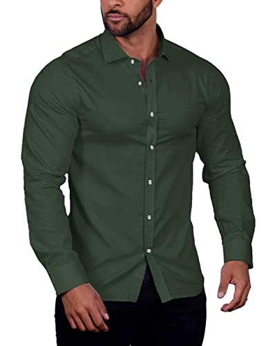 COOFANDY Herren Muscle Fit Hemden Faltenfreies Langarm Lässiges Hemd mit Knöpfen, Olivgrün, M