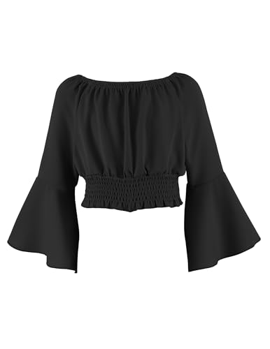 Arshiner Mädchen Langarmshirt Schulterfrei Oberteile Kinder Trägerloses Elegant Slim Longsleeve mit Trompetenärmel Freizeit Bluse Herbst Winter Mode Shirt für Mädchen 9-10 Jahre Schwarz
