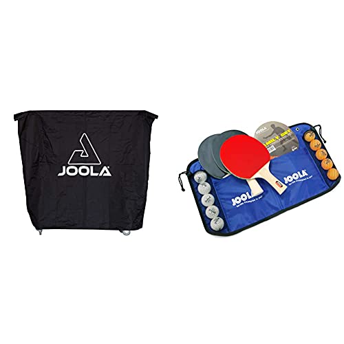 JOOLA Tischtennistisch Abdeckung Tischabdeckung Wetterfeste Schutzhülle Outdoor und Indoor, Schwarz, 150 x 160 x 50-80 & Tischtennis-Set Family , 4 Tischtennisschläger + 10 Tischtennisbälle + Tasche