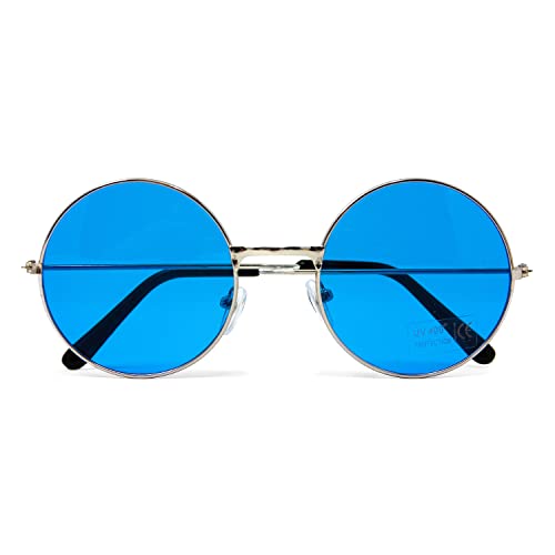Oblique Unique® Hippie Brille John Lennon Retro Sonnenbrille Rund für 60er 70er Jahre Party Flower Power Kostüm Accessoire Fasching Karneval Herren Damen (Blau)