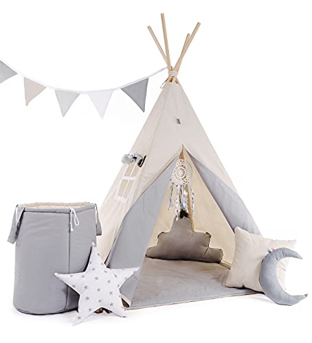 RAINBOW KIDS - Tipi Zelt für Kinder | Neu Tippi Kinderzelt, mit Decke, 4 Kissen, Wimpelkette, Spielzeugkorb für Outdoor- und Indoor-Kinderspaß, Handgefertigt Grauer Wolf mit Zubehör