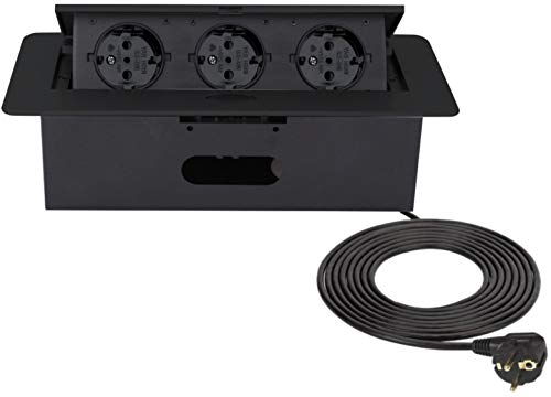 Versenkbare Einbau Steckdosenleiste 3-fach - Black-Edition - Aluminium Spritzguss - mit Softöffnung - anschlussfertig mit Kabel und Stecker