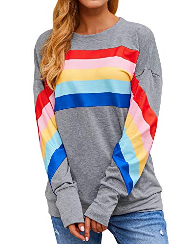 Dresswel Damen Regenbogen Sweatshirt Gestreift Pullover Pulli Jumper Farbblock Langarmshirt Bluse Elegant Oberteile (Grau, L)