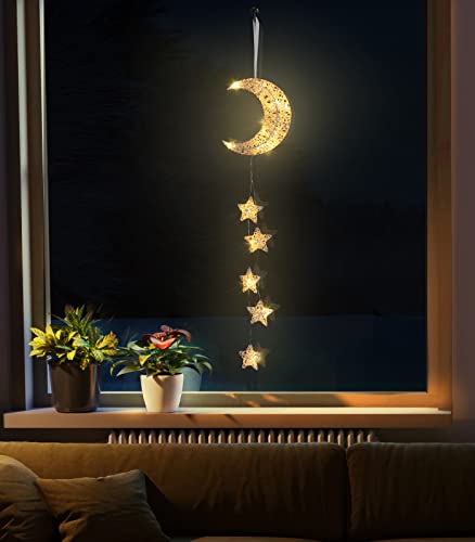 Lewondr Lichterkette Innen,Rattan Mond Sterne Lichterkette Deko Licht mit Timerfunktion Deko Hänger,Batteriebetriebene LED Lichte für Kinderzimmer Schlafzimmer Party Ramadan Dekoration, Weiß