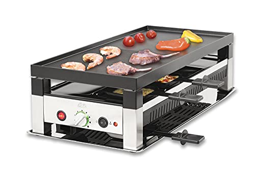 Solis Tischgrill 5 in 1 Table Grill 791 - Raclette + Grill + Wok + Pizza Grill + Crêpes - Raclette für 8 Personen -Edelstahl