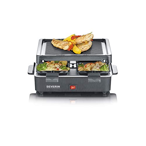 SEVERIN Mini Raclette-Grill, kleines Raclette mit antihaftbeschichteter Grillplatte und 4 Raclette Pfännchen, Tischgrill für bis zu 4 Personen, 600 W Leistung, schwarz, RG 2370
