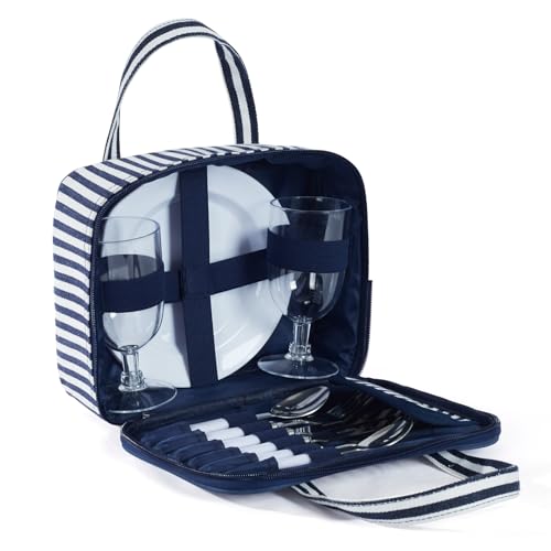 Picknick-Set für 2 Personen – Tasche mit Melaminteller, Besteck und Bechern, wiederverwendbar, ideal für Camping und Mittagessen im Freien
