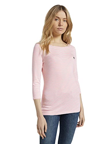 TOM TAILOR Damen 1024035 Longsleeve Mit Herz-Stickerei Auf Der Brust, 26034 - White Peach Small Stripe, XXL EU