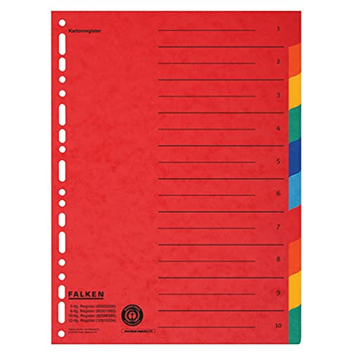Original Falken Karton-Register überbreit. Rot, Für DIN A4 24 x 29,7 cm volle Höhe mit Organisationsdruck 10-teilig vollfarbig 2 x 5 Farben zur Ablage von Prospekthüllen