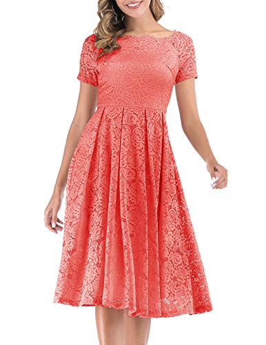 DRESSTELLS Damen Elegant FüR Hochzeit A Linie Spitzenkleid, Cocktailkleider Festlich, Knielang Abendkleider, Schulterfrei Abendkleider, kurzärmelig Swing Faltenrock, Coral M