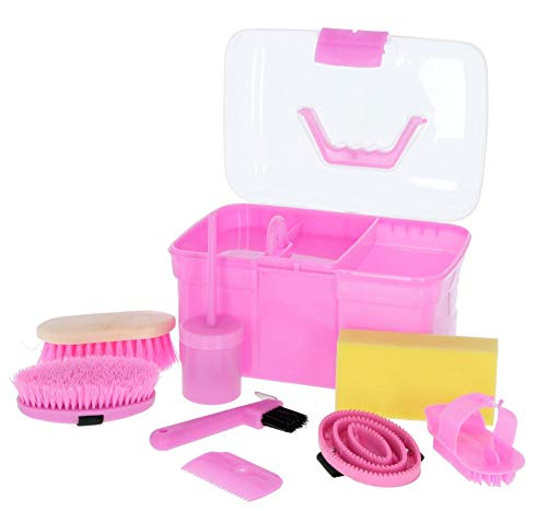 Kerbl Putzbox rosa mit Inhalt 8-teilig (für Kinder, Pferdebürsten, Mähnenbürsten, Putzkiste mit Bürsten, Pferdepflege, Putzzeug pink) 321766, Unisize