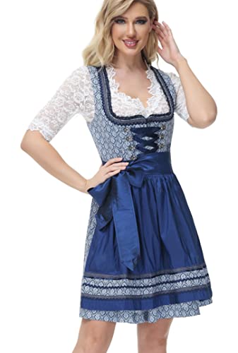 TrendiMax Trachten Damen Dirndl Midi Dirndlkleid Tachtenkleid für Oktoberfest mit Spitzenschürze, Saphirblau,48