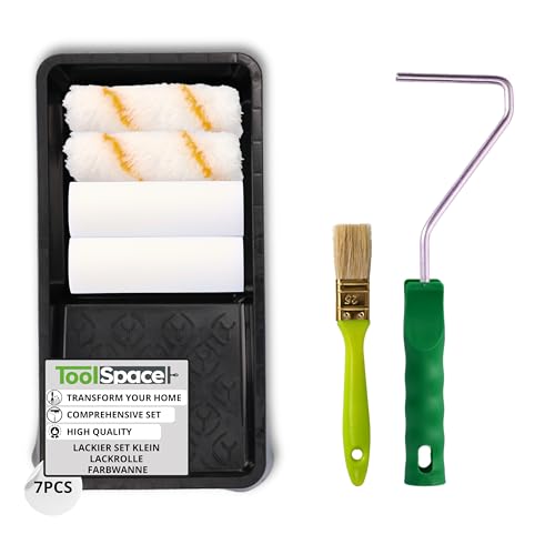 ToolSpace Universal Malerset 7 Teilig zum Lackieren von Möbeln und Kleinflächen - 2 x Polyurethan Farbrollen 2 x Farbrollen 1 x 11 cm Farbrollengriff 1 x Farbwanne Medium 1 x Farbpinsel - 7 Elemente