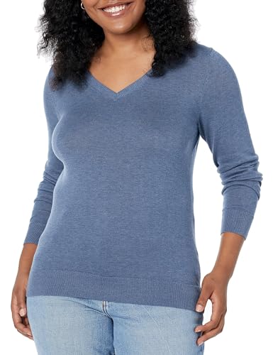 Amazon Essentials Damen Leichter, Langärmeliger Pullover Mit V-Ausschnitt, Klassischer Schnitt (Erhältlich In Übergröße), Blau Heide, L