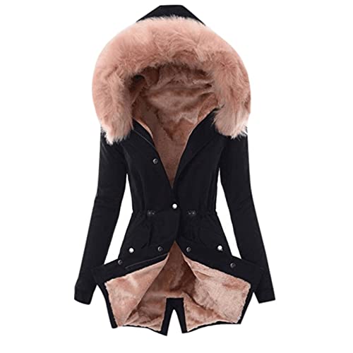 EMATOP Wintermantel Frauen Warme Winter Jacke Lange Mäntel Einfarbig Winterjacke mit Kapuze Windbreaker Gefüttert Teddyfell Dicker Fleecejacke Mode Outdoorjacke Slim fit Winterparka