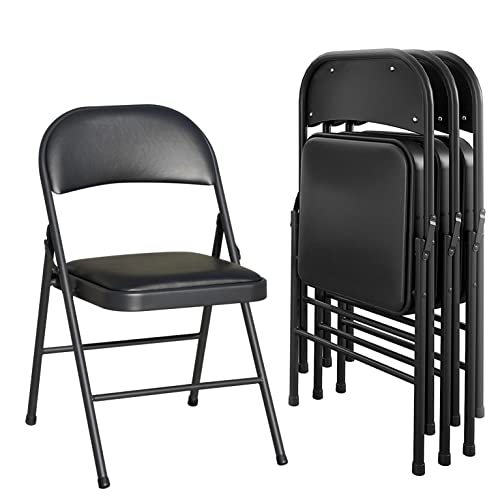 KAIHAOWIN Klappstühle 4er-Set, Platzsparend Faltstuhl 46 x 46 x 75cm, Schreibtischstuhl für Zuhause Büro, Gepolstert Gäste Stuhl 140 kg belastbar, Kunstleder Klappstuhl mit PU Sitz, Schwarz