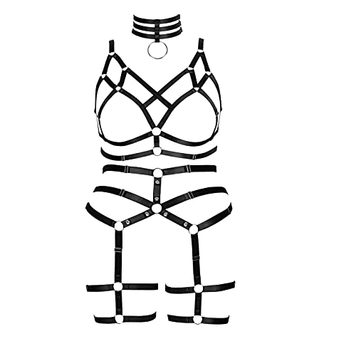 Damen Body Harness BH Mode Plus Size Cage Bra Cutout Strümpfe Strumpfband Set Punk Gothic Karneval Tanzkostüm, Schwarz , Einheitsgröße