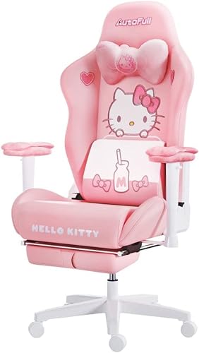 AutoFull Hello Kitty Rosa Gaming-Stuhl Ergonomischer Schreibtisch-Computerstuhl mit hoher Rückenlehne und Lendenwirbelstütze, PU-Leder-Arbeitsstuhl im Racing-Stil mit Fußstütze