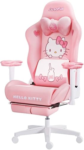AutoFull Hello Kitty Rosa Gaming-Stuhl Ergonomischer Schreibtisch-Computerstuhl mit hoher Rückenlehne und Lendenwirbelstütze, PU-Leder-Arbeitsstuhl im Racing-Stil mit Fußstütze