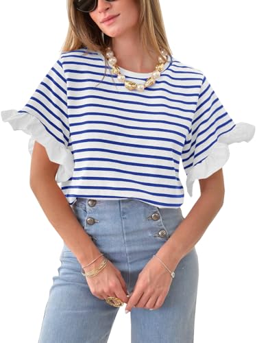 Tankaneo T Shirt Damen Streifen Shirts Rundhals Gestreiftes Oberteile Sommertops mit Rüschenärmel(Blau,M)