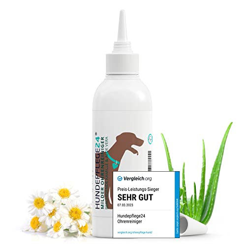 Hundepflege24 Ohrenreiniger Hund - Beruhigt Juckreiz, Kopfschütteln & Gerüche innerhalb weniger Tage - Hundeohr Reiniger - Natürliche Ohrentropfen für Hunde & Katzen mit Kamille & Aloe Vera 250ml