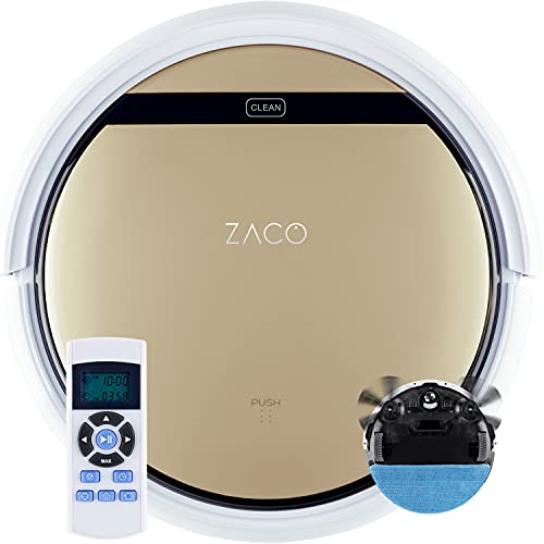 ZACO V5sPro Saugroboter mit Wischfunktion, automatischer Staubsauger Roboter, 2in1 nass Wischen bis zu 180qm oder Staubsaugen, für Hartböden, Fallschutz, beutellos, mit Ladestation, 22W, 300ml, Gold