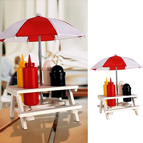 Picknick 5er Set Ketchup Senf Salz Pfeffer | 19x38x16cm MDF Kunststoff | Bank Schirm Flaschen | Grillzubehör