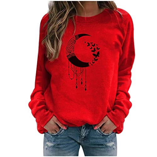 Masrin Mask Damen Sweatshirt Lässiger Mondschmetterling gedruckt Pulloveroberteile Langarmhemden Bluse(XL,Rot)