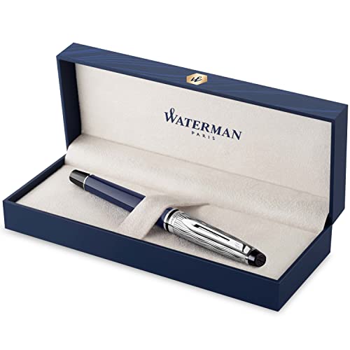 Waterman Expert Füllfederhalter | Metall und blaue Lackierung | ziselierte Kappe | feine Feder aus Edelstahl | blaue Tinte | Geschenkbox |