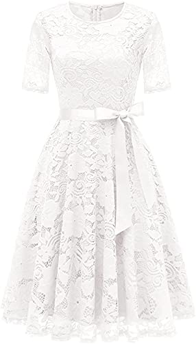 DRESSTELLS Damen Lace Cocktailkleid Spitzenkleid Brautjungfernkleid Kurzarm Abendkleid mit Gurtel Knielang White 2XL