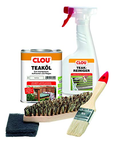 Clou Teakholz Pflegeset: 750 ml Teaköl, 500 ml Holzreiniger, Bürste, Pinsel & Schleifpad, Holzpflege für Aussenbereich