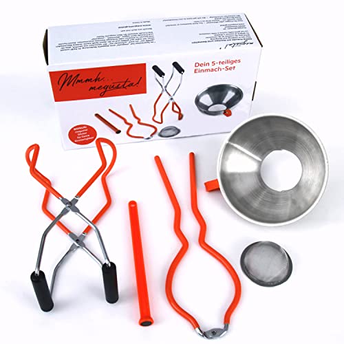 megusta!® Einmach Set 5teilig: Trichter Edelstahl, Glasheber, Marmeladenglas Öffner, Magnet für Deckel, feines Sieb, Einkochset zum Einwecken und Umfüllen. Extra: Geschenkbox und Label für Gläser.
