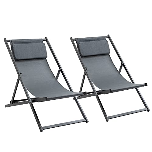Outsunny Klappstuhl 2er-Set Klappbarer Gartenstuhl 5-Fach verstellbare Rückenlehne Balkonstuhl Campingstuhl Alu Dunkelgrau