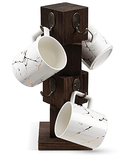 PUERSI Kaffeebecher Tassenständer für Theke, Rustikaler Massivholz Becherbaum Bauernhaus Holz Kaffeetasse Rack Distressed Tassen-Ständer mit 8 Haken (Braun)