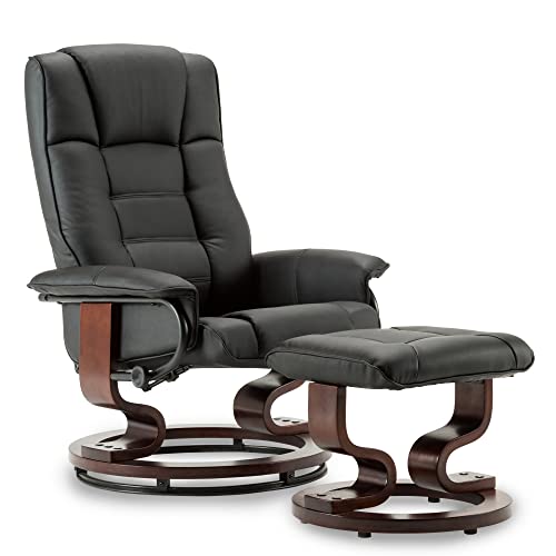 MCombo Relaxsessel mit Hocker, 360°drehbarer Fernsehsessel mit Liegefunktion, bis 130 Kg belastbarer TV-Sessel, moderner Ruhesessel für Wohnzimmer, Kunstleder, 9019 (Schwarz-Kunstleder)