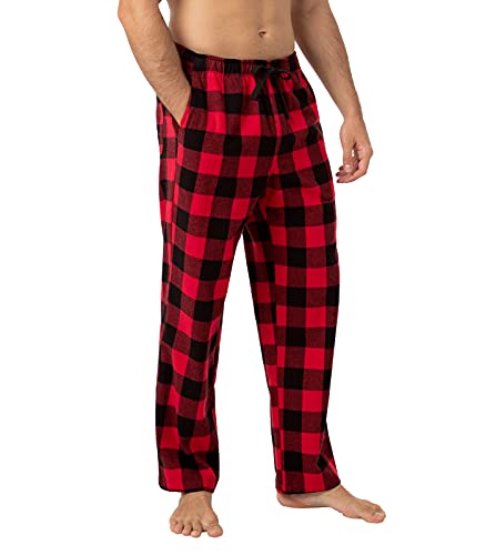 LAPASA Herren Schlafanzughose Kariert Loungehose Freizeithose Pyjamahose M39 Wärmer, Baumwollflanell: Schwarz Rot, X-Large