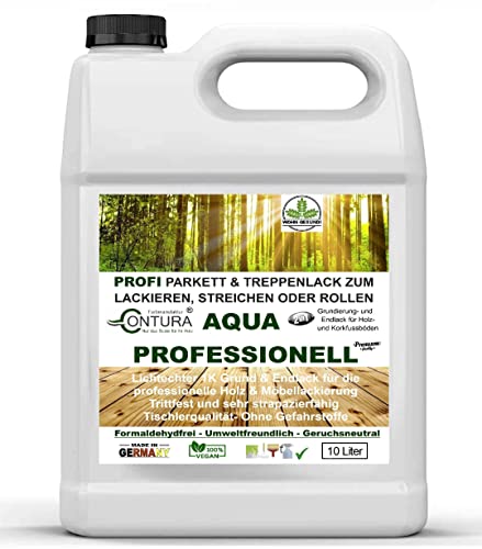Contura 10 Liter Parkettlack Grundierung und Parkettsiegel XL Aqua Professionell Treppenlack 2in1 Holzlack Geruchsneutral 100% Vegan (Seidenmatt Farblos)