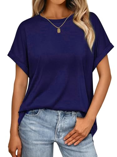 Cuptacc T-Shirt Damen Oversize 2025 Sommer Rundhals Kurzarm Tshirt Locker Fledermaussärmel Einfarbig Oberteile Damen Freizeit 2XL 50-52 Dunkelblau