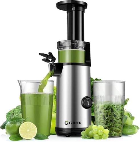 GDOR Kompakt Entsafter Leistungsstark Slow Juicer Leicht zu Reinigen Entsafter Gemüse und Obst Geräuscharm Juicer Machine, Hohe Saftausbeute, 600ml, Bürste Inklusive, BPA-frei