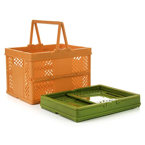 Spesh 2 Stücke Plastikkorb mit Henkel 23 * 17cm Einkaufskorb Faltbar Mini Klappbox für Einkaufen,Camping,Picknick (Orange+Grün)