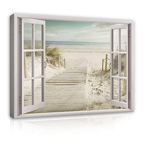 Bilder Fensterblick Meer Strand - Modern Canvas Leinwandbild XXL Illusion Fenster Schlafzimmer Wohnzimmer Wandbild Kunstdruck Wandbilder Wand Bild auf Leinwand Aufhängefertig (14048, 100x75 cm)