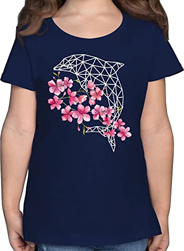 T-Shirt Mädchen - Tiermotiv Animal Print - Delfin mit Blumen - 152 (12/13 Jahre) - Dunkelblau - Kinder t Shirt mädchen - F131K