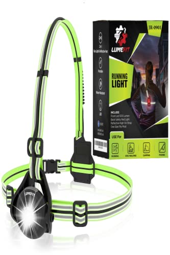 LUMEFIT Lauflicht mit Reflektoren, ideal zum Joggen und Laufen, mit 500 Lumen FrontTaschenlampe, 90° verstellbar, Laufgürtel mit rundum-Reflektoren, rotes Rücklicht, mit Akku (Grün)
